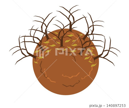Dry cracked earth planet with bare dead trees isolated on white background. 140897253