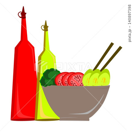Ceramic bowl of fresh vegetable salad with chopsticks and sauce bottles Ceramic bowl of fresh vegetable salad with chopsticks and sauce bottles 140897398