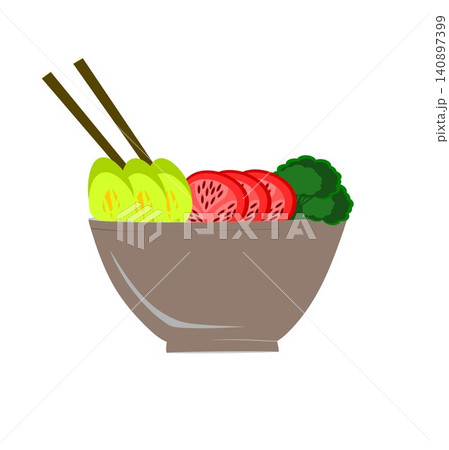 Ceramic bowl with wooden chopsticks fresh green broccoli sliced red tomatoes and cucumbers 140897399