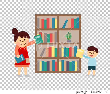一位家長和孩子正在整理書架 一位家長和孩子正在整理書架 140897507