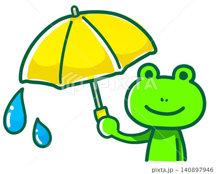 黄色い傘をさして雨の日に微笑むカエル 140897946