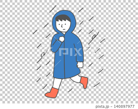 A man wearing a raincoat moves around in the rain. (Simple illustration related to disaster preparedness and going out in bad weather) A man wearing a raincoat moves around in the rain. (Simple illustration related to disaster preparedness and going out in bad weather) 140897977