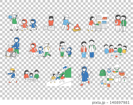 A set of illustrations of people related to disaster prevention. A set of illustrations of people related to disaster prevention. 140897981