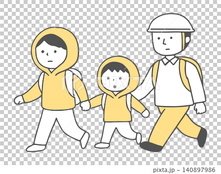 Illustration of a parent and child evacuating (monochrome) Family disaster preparedness/evacuation drill Illustration of a parent and child evacuating (monochrome) Family disaster preparedness/evacuation drill 140897986