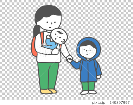 A woman evacuating with her baby and toddler. 140897997
