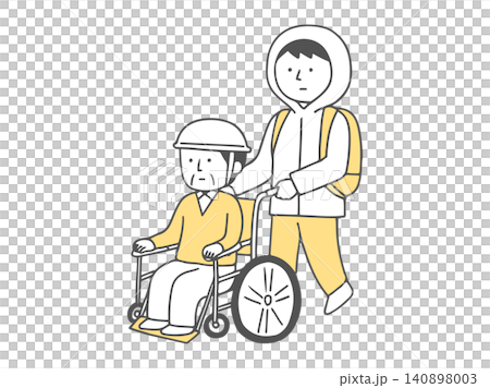 一名年輕男子在疏散過程中幫助一位坐在輪椅上的老人(黑白照片) 一名年輕男子在疏散過程中幫助一位坐在輪椅上的老人(黑白照片) 140898003