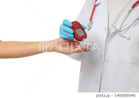 Person in gloves checks blood sugar with device, isolated, PNG Person in gloves checks blood sugar with device, isolated, PNG 140898046
