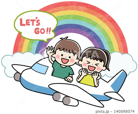 飛行機に乗る子供たちと虹のアイコンイラスト 飛行機に乗る子供たちと虹のアイコンイラスト 140898074