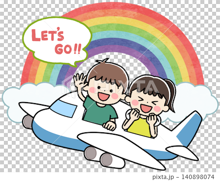 飛行機に乗る子供たちと虹のアイコンイラスト 飛行機に乗る子供たちと虹のアイコンイラスト 140898074