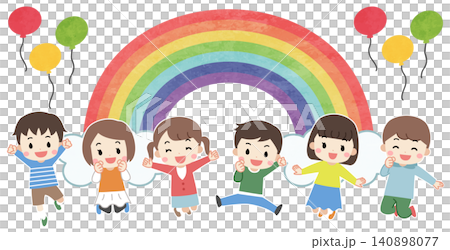 An illustration of cute children jumping and a rainbow. An illustration of cute children jumping and a rainbow. 140898077