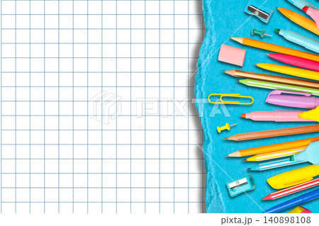 Brightly colored stationery items create an inviting back to school atmosphere, copy space Brightly colored stationery items create an inviting back to school atmosphere, copy space 140898108