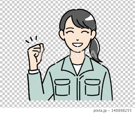 An illustration of a woman in work clothes smiling and making a victory pose. An illustration of a woman in work clothes smiling and making a victory pose. 140898255