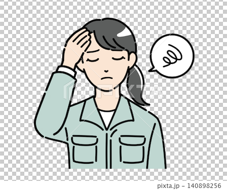 An illustration of a woman in work clothes slumped over with her head in her hands. An illustration of a woman in work clothes slumped over with her head in her hands. 140898256