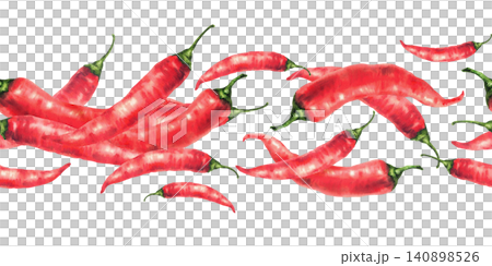 Pile of hot red chili pepper. Watercolor hand drawn seamless border. Spice hot ingredient, chilli or cayenne condiment. Spicy vegetables for food, sauces pattern. Isolated from background illustration Pile of hot red chili pepper. Watercolor hand drawn seamless border. Spice hot ingredient, chilli or cayenne condiment. Spicy vegetables for food, sauces pattern. Isolated from background illustration 140898526