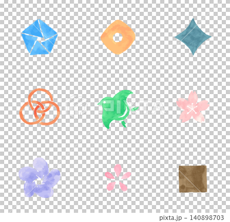Japanese traditional pattern icons. Watercolor style, traditional designs. Japanese traditional pattern icons. Watercolor style, traditional designs. 140898703