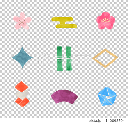 Japanese traditional pattern icons. Watercolor style, traditional designs. Japanese traditional pattern icons. Watercolor style, traditional designs. 140898704