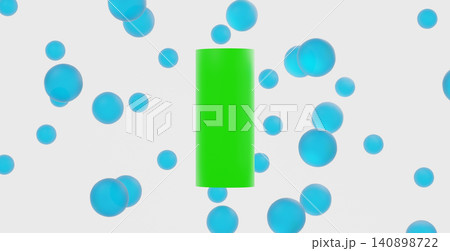 3d rendering green cylinder among floating blue spheres 3d rendering 140898722