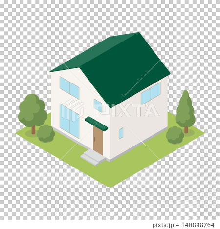 Isometric illustration of a detached house with a green roof 140898764