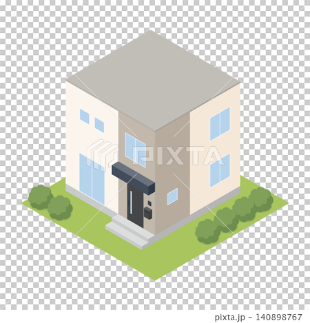 An isometric illustration of a detached house with a flat roof and a cube-shaped design. An isometric illustration of a detached house with a flat roof and a cube-shaped design. 140898767