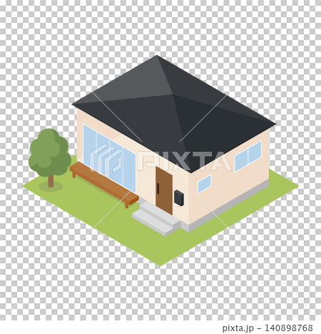 An isometric illustration of a single-story house with a black roof and a veranda. An isometric illustration of a single-story house with a black roof and a veranda. 140898768