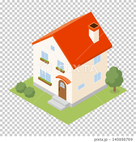 An isometric illustration of a Western-style detached house with a red roof and chimney. An isometric illustration of a Western-style detached house with a red roof and chimney. 140898769
