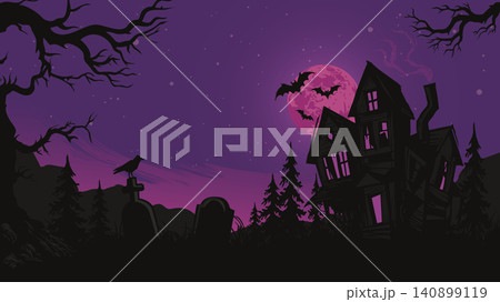 Halloween party banner with silhouetted dead tree, bats, haunted mansion, graveyard and violet sky background have blank space. Halloween party banner with silhouetted dead tree, bats, haunted mansion, graveyard and violet sky background have blank space. 140899119