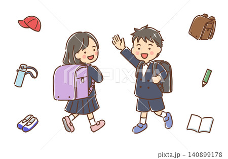ランドセルを背負っている小学生の男の子と女の子・学用品セット 140899178