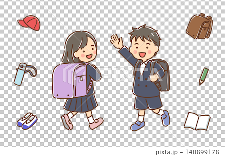 ランドセルを背負っている小学生の男の子と女の子・学用品セット 140899178