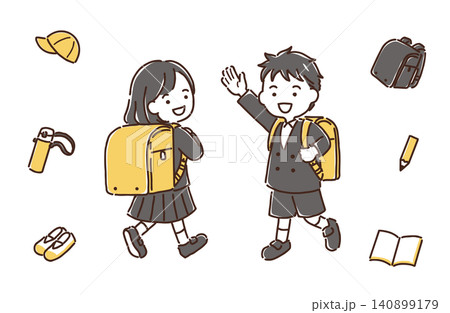 ランドセルを背負っている小学生の女の子と男の子・学用品セット／シンプルカラー 140899179