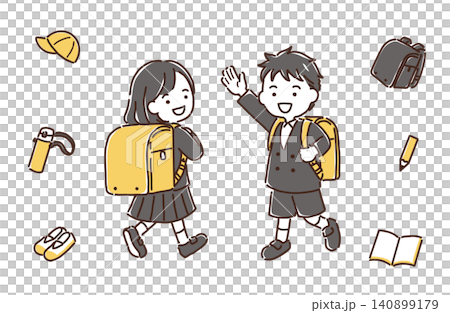 ランドセルを背負っている小学生の女の子と男の子・学用品セット／シンプルカラー 140899179