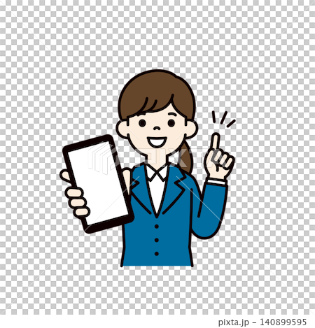 Vector illustration of a woman in a business suit showing her smartphone screen while job hunting. Vector illustration of a woman in a business suit showing her smartphone screen while job hunting. 140899595