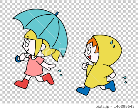 雨中奔跑的孩子的插圖(雨季) 雨中奔跑的孩子的插圖(雨季) 140899645