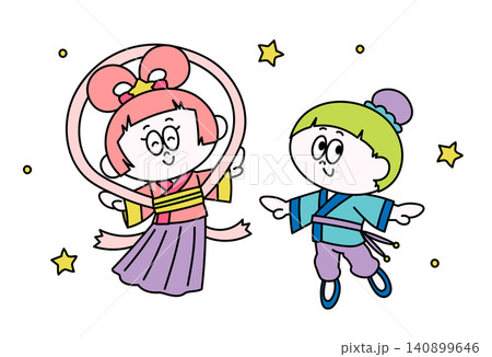 7月_織姫と彦星の格好をしたこどものイラスト（七夕） 140899646