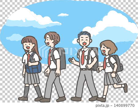 Four students (middle school and high school students) in summer uniforms walk and chat under the blue sky. Four students (middle school and high school students) in summer uniforms walk and chat under the blue sky. 140899770