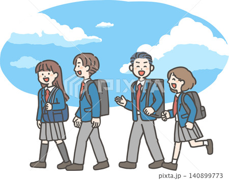 青空の下おしゃべりして歩く冬制服の男女学生4人（中学生・高校生） 140899773