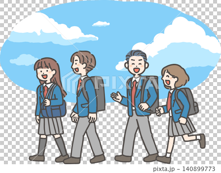 青空の下おしゃべりして歩く冬制服の男女学生4人（中学生・高校生） 140899773