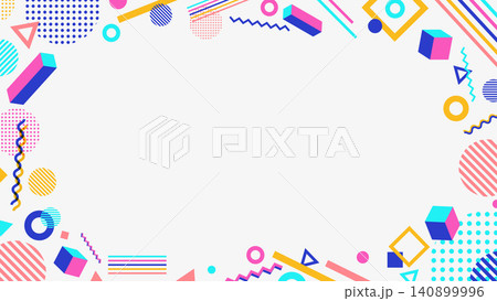 Memphis background with geometric frame and 3d cubes on white backdrop vibrant colorful border with abstract shapes and copy space, retro creative banner poster design template 140899996