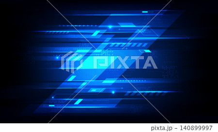Abstract futuristic digital technology background with dynamic blue neon light streaks and geometric shapes, high speed data flow and cyber security network concept 140899997