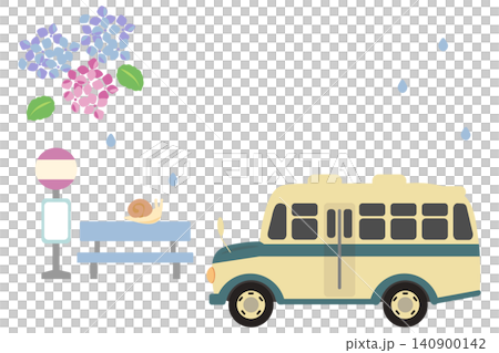 A snail waiting for a bus in the rain amidst hydrangeas and a retro bonnet bus. 140900142
