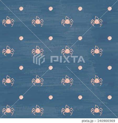 Watercolor crab and seashell seamless pattern on deep blue textured background. Coastal marine repeat design for beach house decor, textiles, wallpaper, wrapping paper, stationery, nautical interiors Watercolor crab and seashell seamless pattern on deep blue textured background. Coastal marine repeat design for beach house decor, textiles, wallpaper, wrapping paper, stationery, nautical interiors 140900369