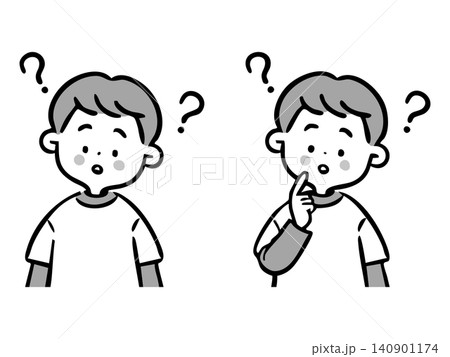 疑問を感じる男の子のイラスト 上半身 ベクター(モノクロ) 疑問を感じる男の子のイラスト 上半身 ベクター(モノクロ) 140901174