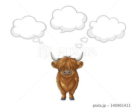 Highland Cow Illustration with Three Blank Thought Bubbles on White 140901411