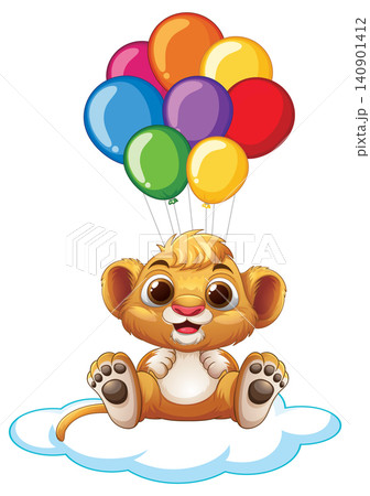 Cute Cartoon Lion Cub Sitting on Cloud with Colorful Balloons 140901412