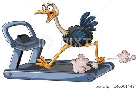 Funny Cartoon Ostrich Running Fast on a Gym Treadmill Machine 140901448