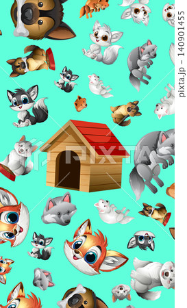 Cartoon Puppy and Doghouse Pattern on Teal Background Cartoon Puppy and Doghouse Pattern on Teal Background 140901455