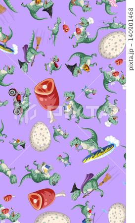 Funny Cartoon Tyrannosaurus Rex Seamless Pattern with Various Activities Funny Cartoon Tyrannosaurus Rex Seamless Pattern with Various Activities 140901468