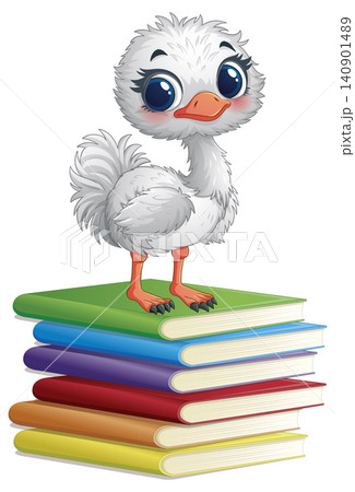 Cute Cartoon Baby Ostrich Standing on a Stack of Colorful Books Cute Cartoon Baby Ostrich Standing on a Stack of Colorful Books 140901489