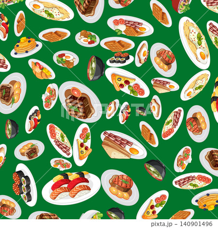 Seamless Vector Pattern of International Breakfast and Dinner Food Dishes 140901496
