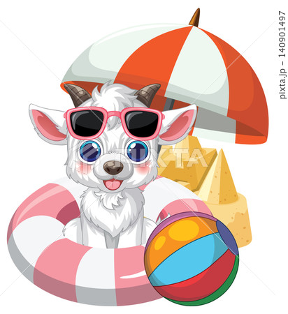 Cute Cartoon Goat Character with Summer Beach Accessories Vector Illustration 140901497