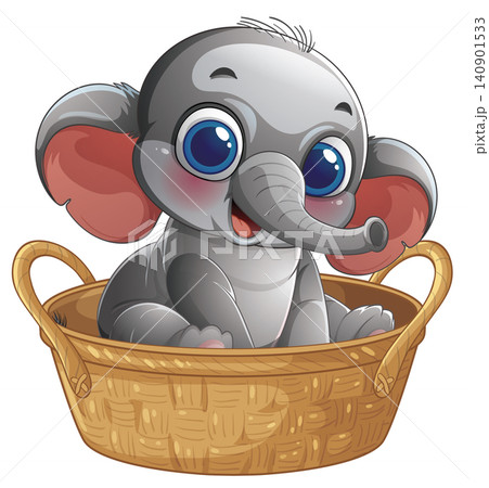 Cute Cartoon Baby Elephant Sitting Inside a Woven Wicker Basket Cute Cartoon Baby Elephant Sitting Inside a Woven Wicker Basket 140901533